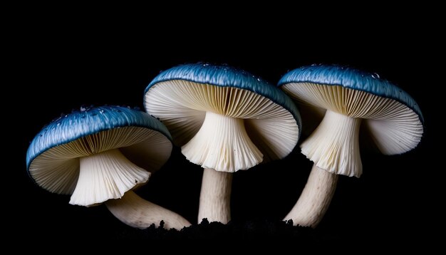 Three mushrooms with blue and white tops on a black background