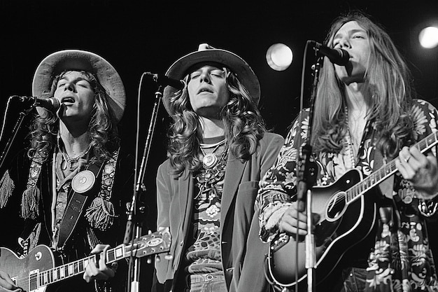 Photo three musicians performing onstage with guitars during concert