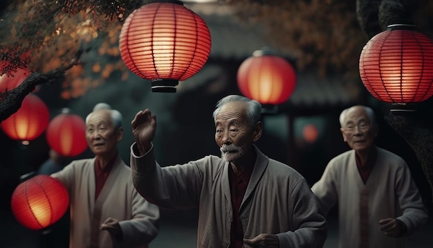 Photo three old men are standing in front of a red lanterns