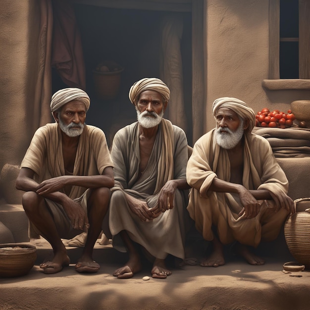 three old men sitting at a table in a traditional village