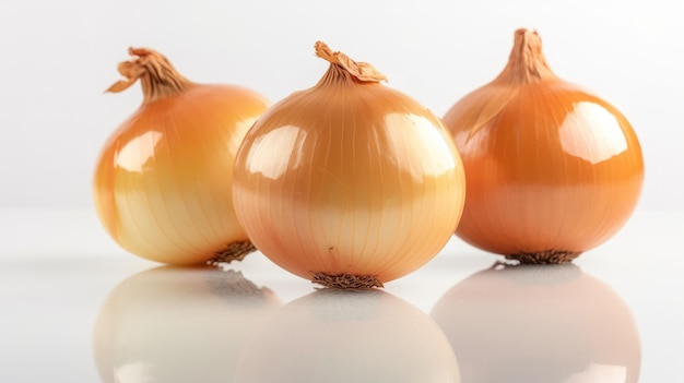 Three onions in a row on a white background