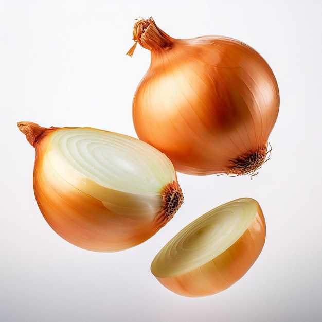 three onions with a white background with a reflection of the onion on it