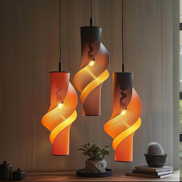 three orange lamps with orange stripes are hanging from a ceiling