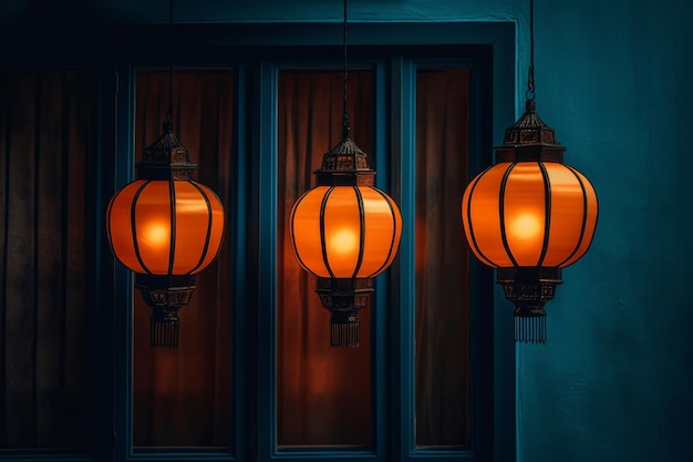 Three orange lanterns are hanging in front of a window.