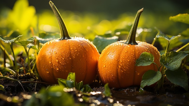 Three Orange Pumpkins on Green Grass in the Backyard