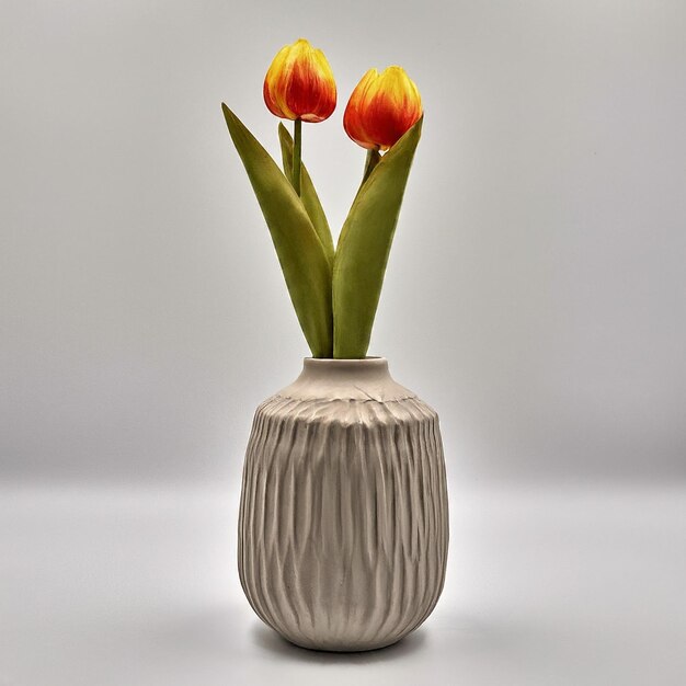 Photo three orange tulips in a white vase with one that has the other tulips in it