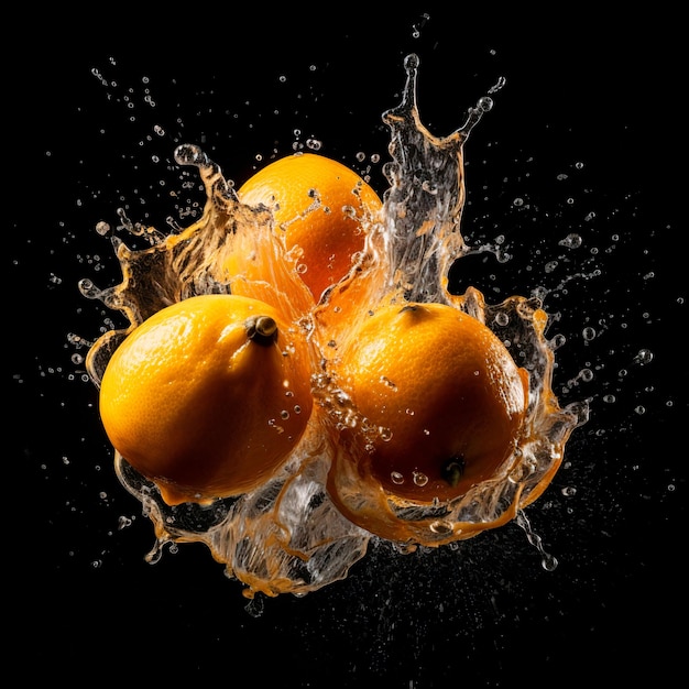 Three oranges are being dropped into a splash of water.