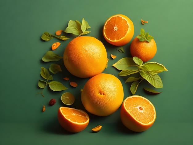 Three oranges are on a green background with leaves and one has a green leaf.