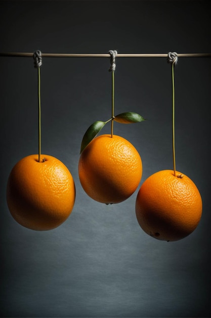 Three oranges hanging on a string with leaves generative ai