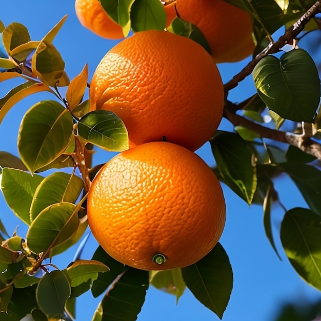 Three oranges on a tree with leaves and the sky in the background