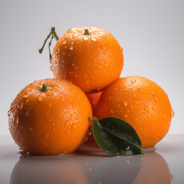 Three oranges with a green leaf on top of them