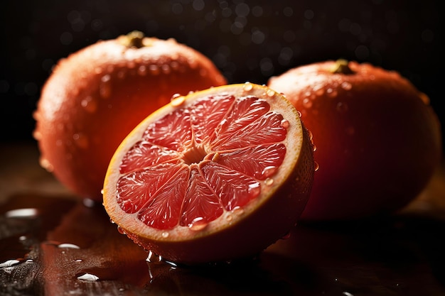 Three oranges with water drops on them and one has a pink color.