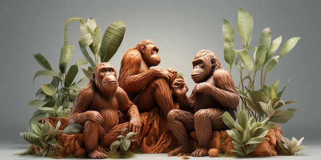 Three orangutans are sitting in a group of three different species of monkey