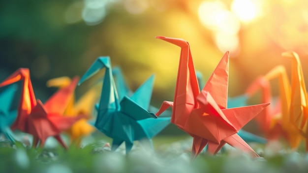 Photo three origami paper cranes are in a field of grass and the sun is behind them