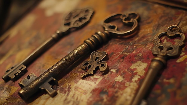 Photo three ornate antique keys on a worn multicolored surface