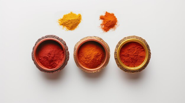 Three ornate copper bowls are arranged in a row against a white background From left to right the