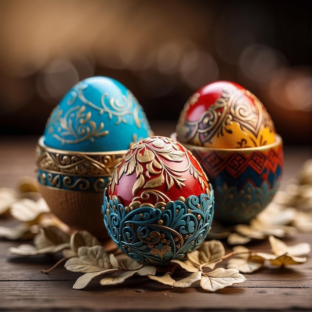 Three ornate Easter eggs in nest of timber shavings on blur background