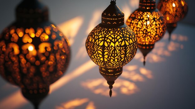 Photo three ornate metallic lanterns hanging from the ceiling glowing with a soft warm light