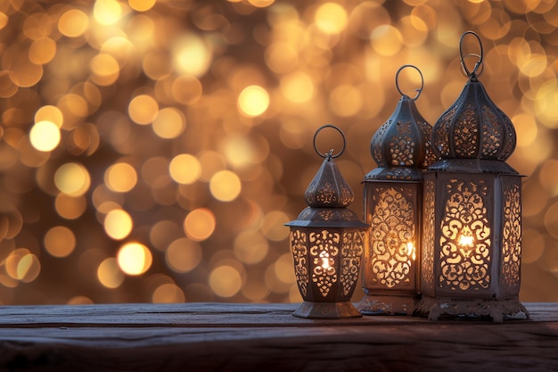 three ornate Moroccan lanterns positioned on a rustic wooden table