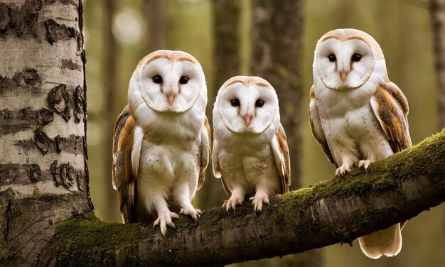 Photo three owls are sitting on a branch one has the other with the other one on the right