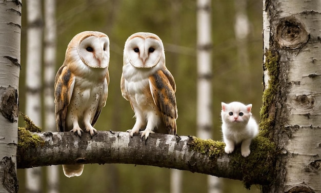 Photo three owls are sitting on a branch one is a kitten