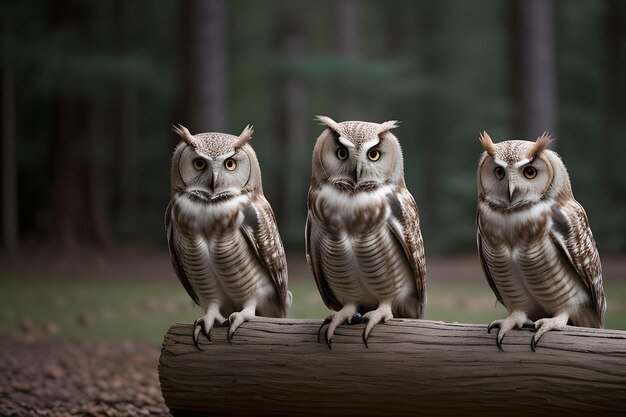 Photo three owls are sitting on a log one of which is yellow and green