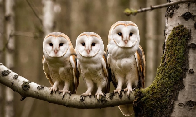 Photo three owls are sitting on a tree branch one has a brown and white face