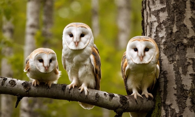 three owls are sitting on a tree branch one of them has a white and brown face