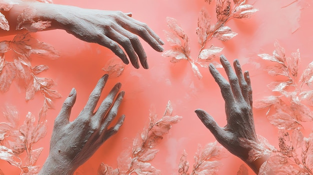 Photo three painted hands reach up towards the sky with translucent leaves on a coral background