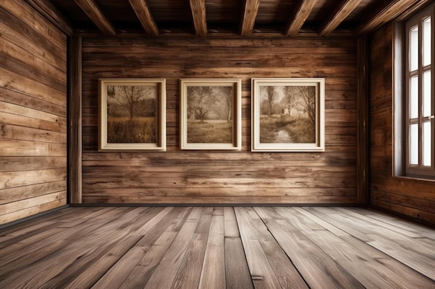 Three Paintings Hanging on a Wooden Wall Generative AI