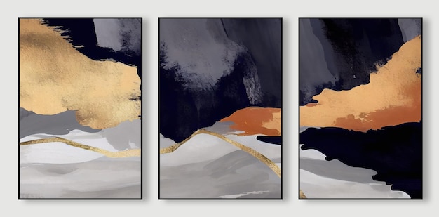 Three paintings of a road and a gold road.