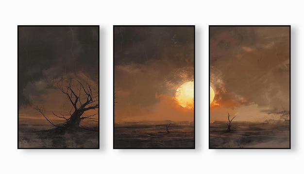 Photo three paintings of a sunset with a tree in the middle