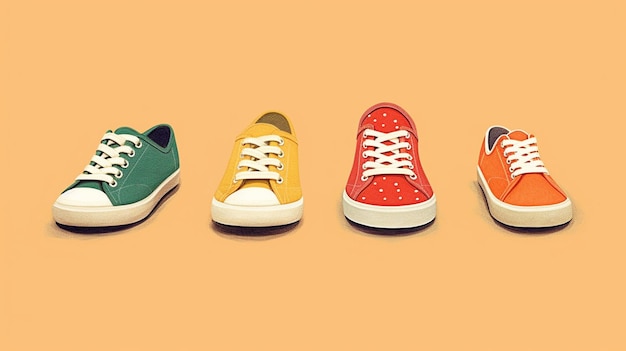 Three pairs of colorful sneakers are lined up against a yellow background generative ai