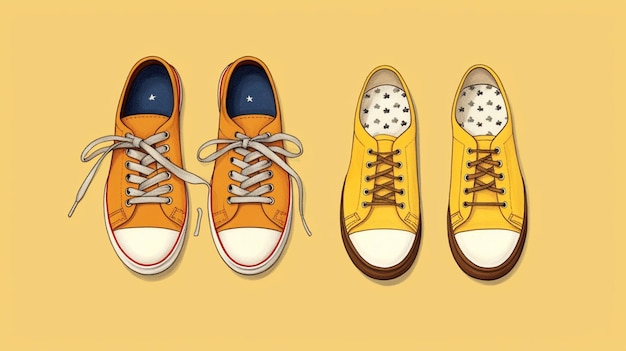 Three pairs of yellow sneakers with polka dot laces on them generative ai