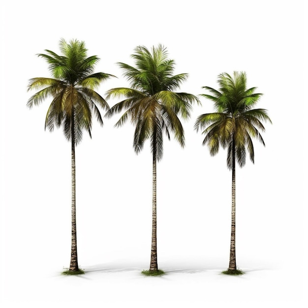 Three palm trees are shown with a white background.