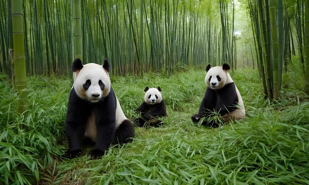 Photo three pandas are sitting in the grass in front of bamboo