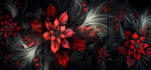 A three panel background with red and black colors on a dark gradient background featuring a flower design