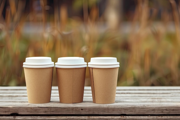 Photo three paper coffee cups with lids stand in a row on a wooden bench