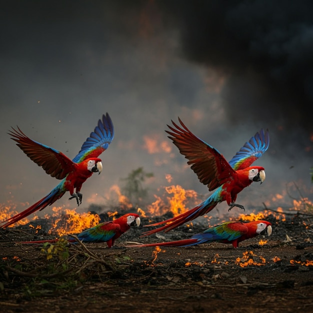 three parrots are on the ground one of which is a parrot with a black background