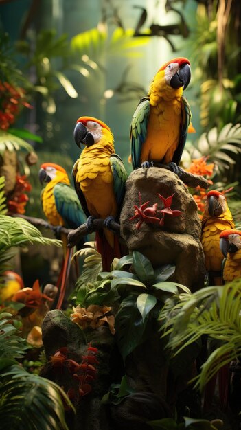 Photo three parrots are sitting on a branch with one holding a red flower