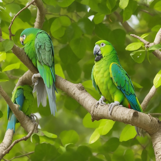 three parrots are sitting on a tree branch one has a black beak