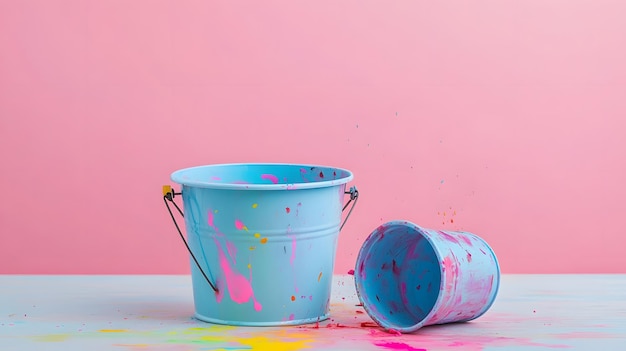 Photo three pastel color paint buckets overflowing on bright abstract canvas