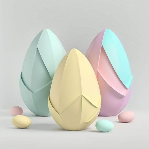 Three pastel colored easter eggs sit on a white table.