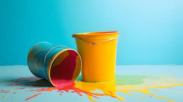 Photo three pastel paint buckets overturning on a vibrant splattered canvas