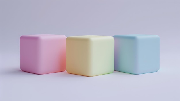 Three pastelcolored cubes on a white background Minimalist concept for product display branding