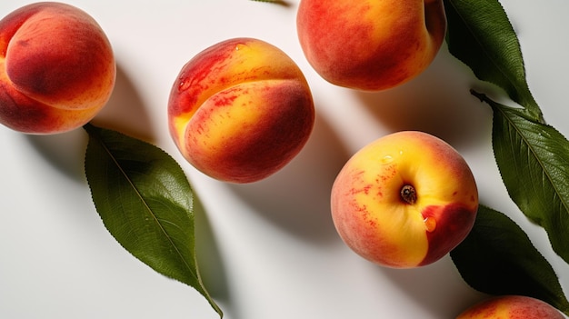 Three peaches on a white table with leaves on it