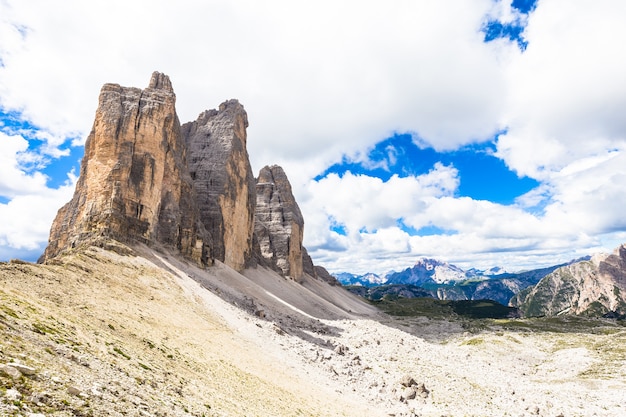 The three peaks, from left to right : Cima Piccola (2857 m), Cime Grande (2999 m), Cima Ovest (2973m).