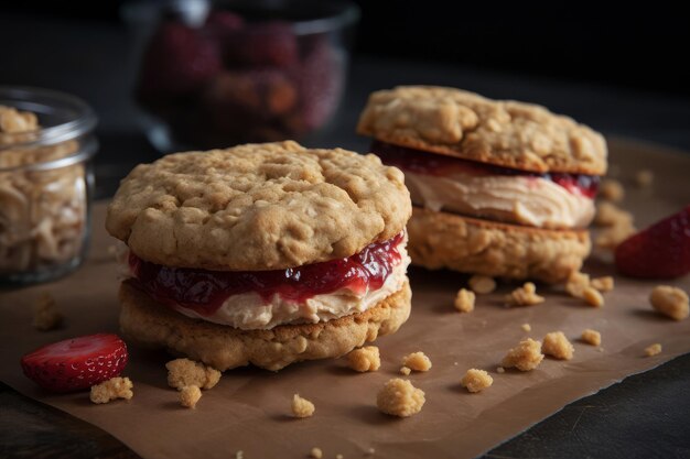 Three peanut butter and jelly sandwich cookies with a bite taken out of them