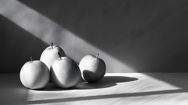 Three pears and two apples on table