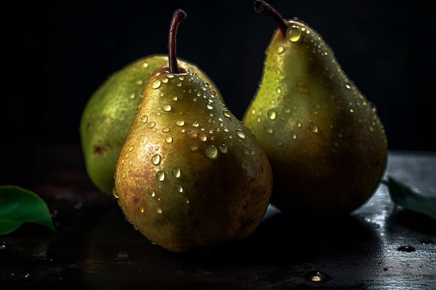 Three pears with water droplets on them